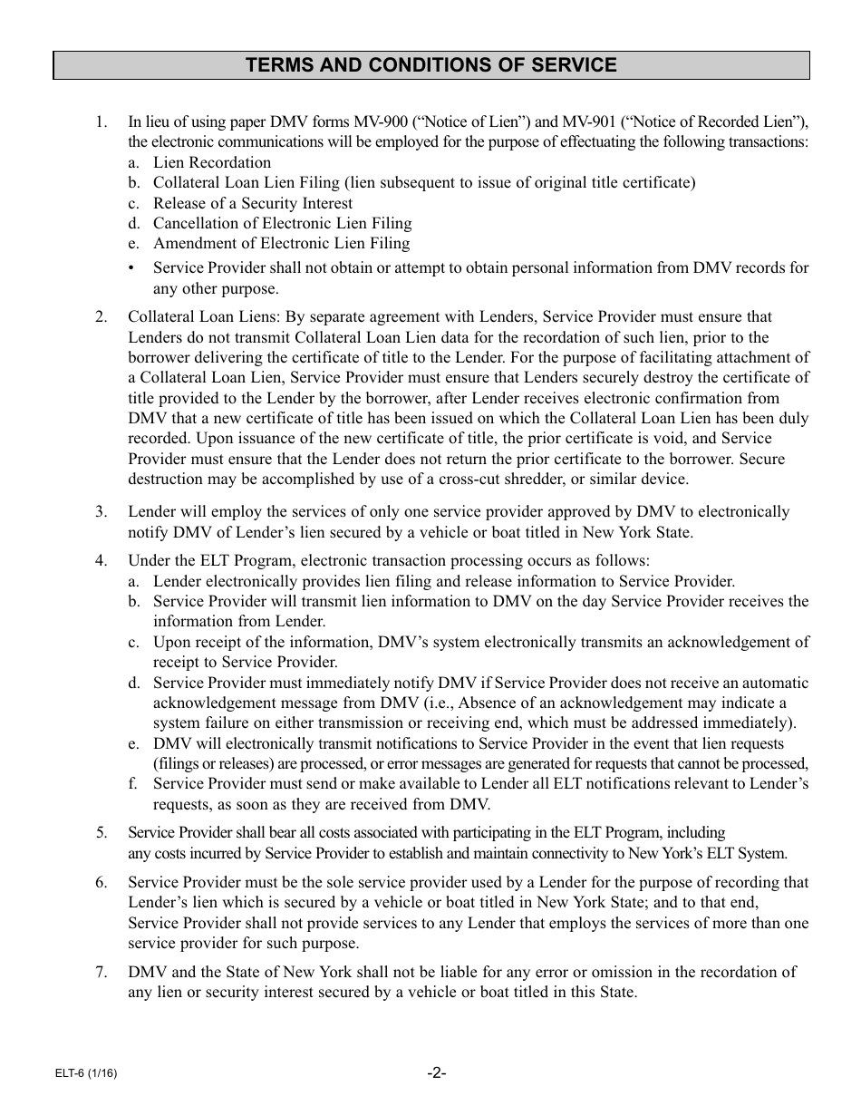 Form ELT-6 Service Provider Application for Participation in the Electronic Lien Transfer Program - New York, Page 2