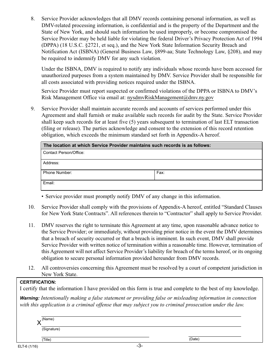 Form ELT-6 Service Provider Application for Participation in the Electronic Lien Transfer Program - New York, Page 3