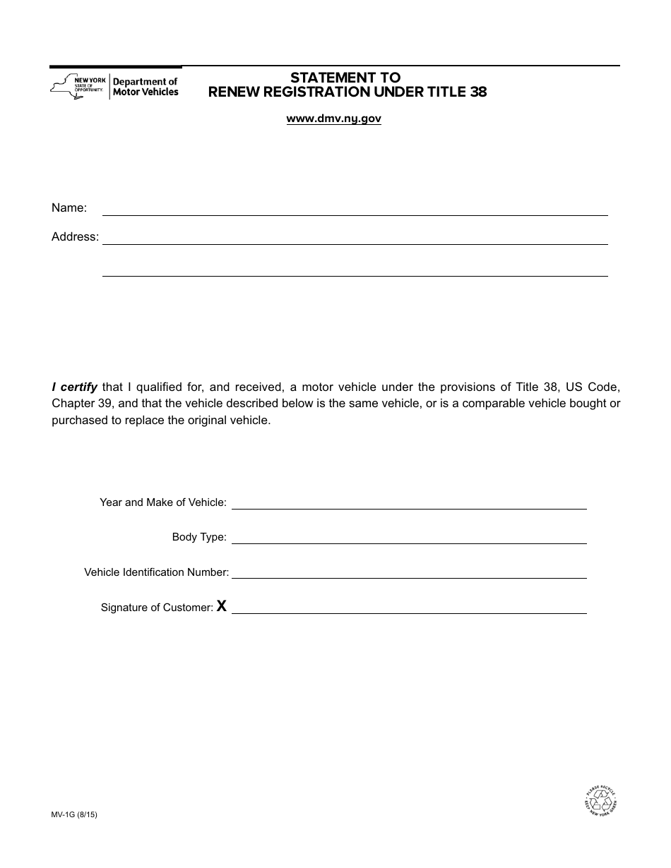 Form MV-1G Statement to Renew Registration Under Title 38 - New York, Page 1
