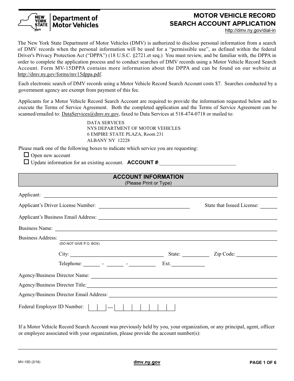 Form MV-15D Motor Vehicle Record Search Account Application - New York, Page 1