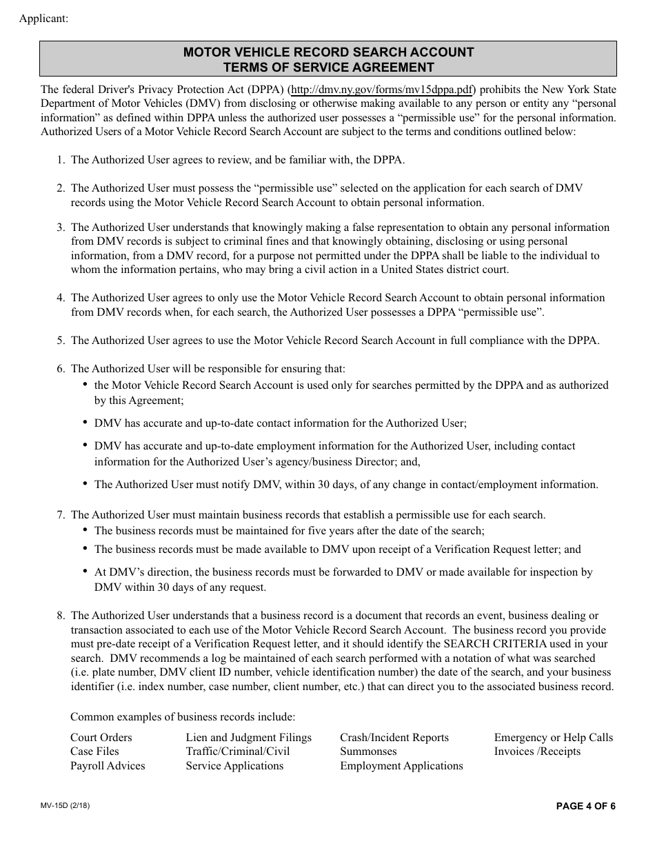 Form MV-15D Motor Vehicle Record Search Account Application - New York, Page 4