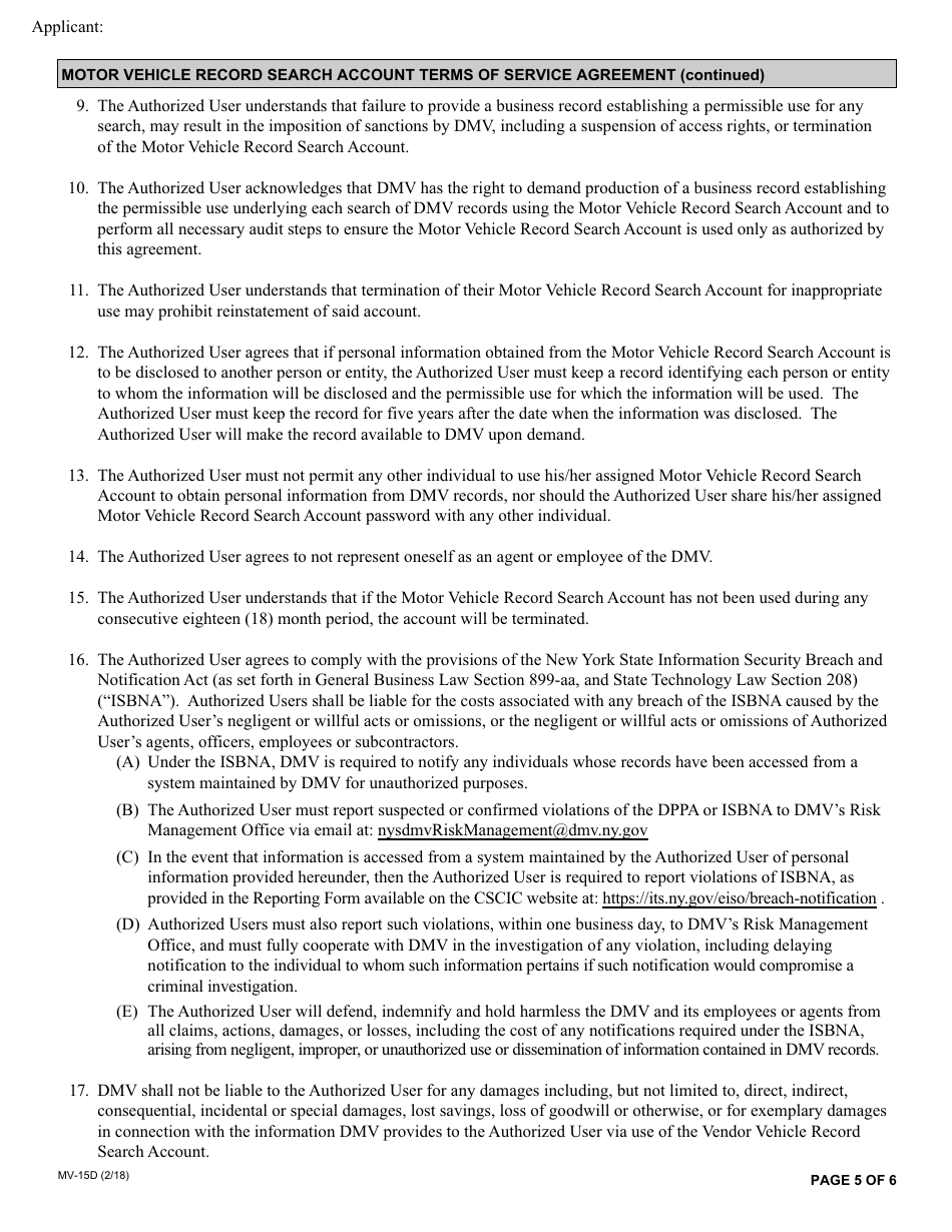 Form MV-15D Motor Vehicle Record Search Account Application - New York, Page 5