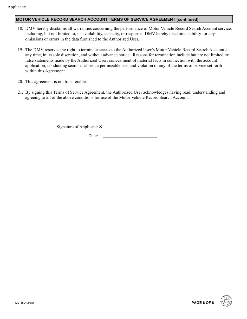 Form MV-15D Motor Vehicle Record Search Account Application - New York, Page 6