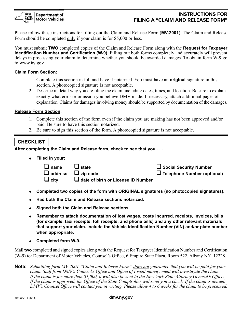 Instructions for Form MV-2001 Claim and Release Form - New York, Page 1