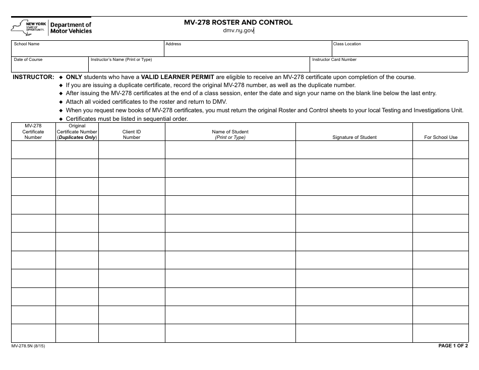 Form MV-278.5N Mv-278 Roster and Control - New York, Page 1