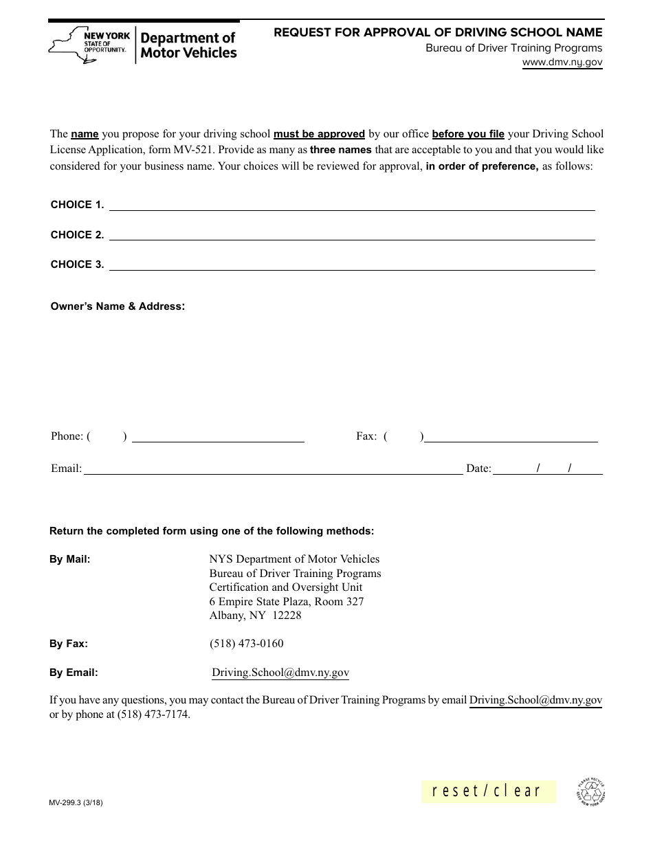 Form MV-299.3 Request for Approval of Driving School Name - New York, Page 1