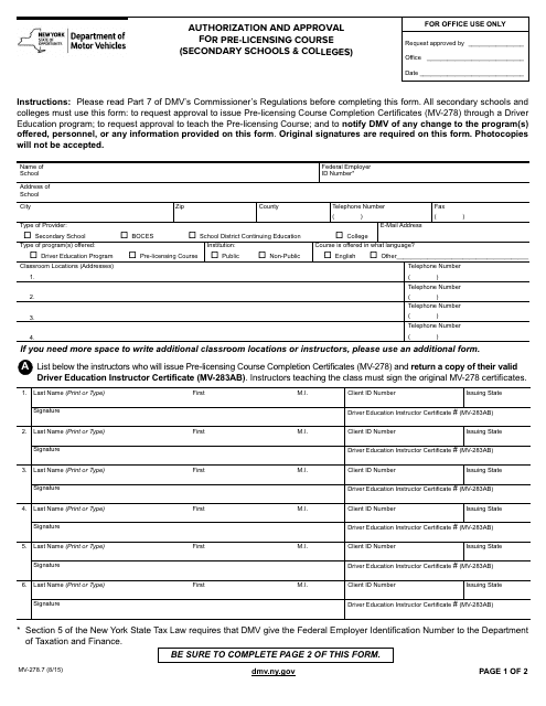 Form MV-278.7  Printable Pdf