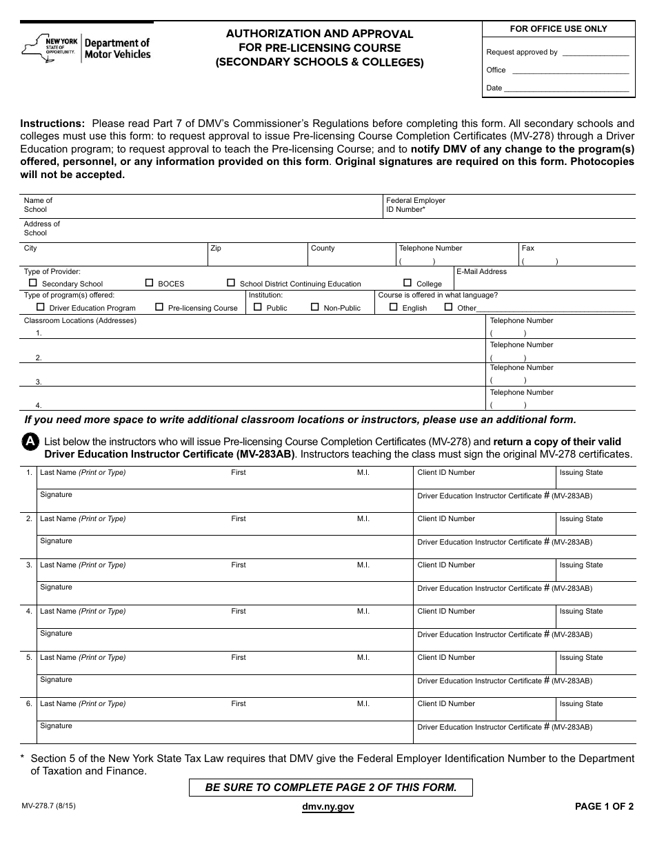 Form MV-278.7 Authorization and Approval for Pre-licensing Course (Secondary Schools  Colleges) - New York, Page 1