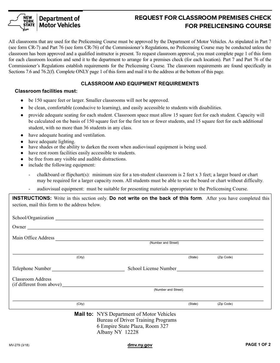 Form MV-279 Request for Classroom Premises Check for Prelicensing Course - New York, Page 1