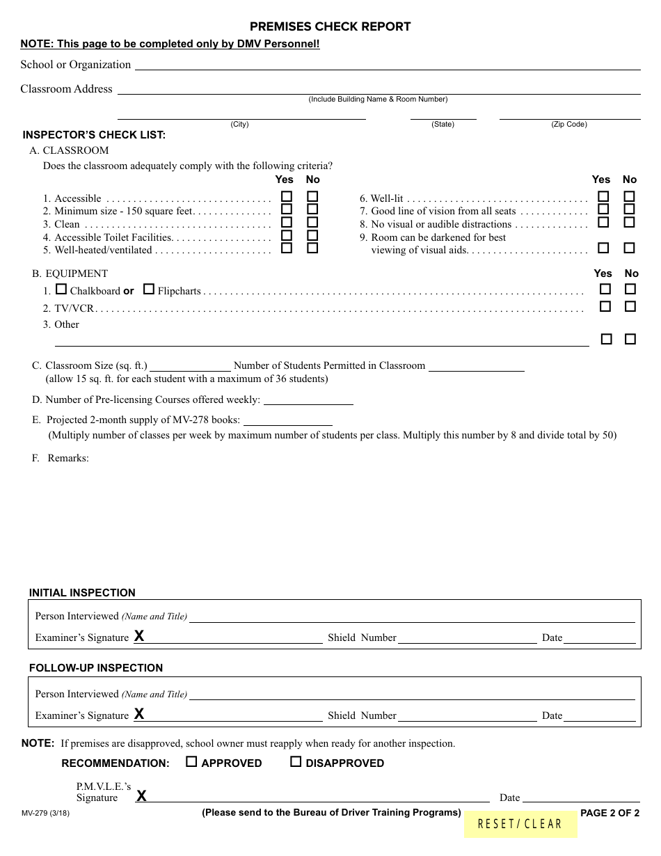 Form MV-279 Request for Classroom Premises Check for Prelicensing Course - New York, Page 2
