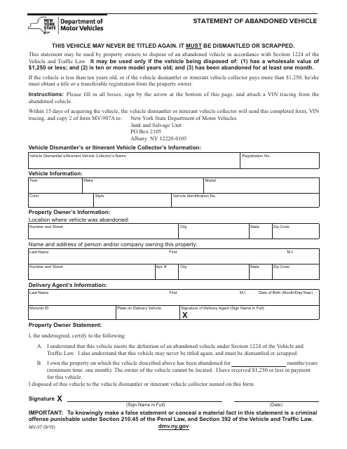 Form MV-37  Printable Pdf