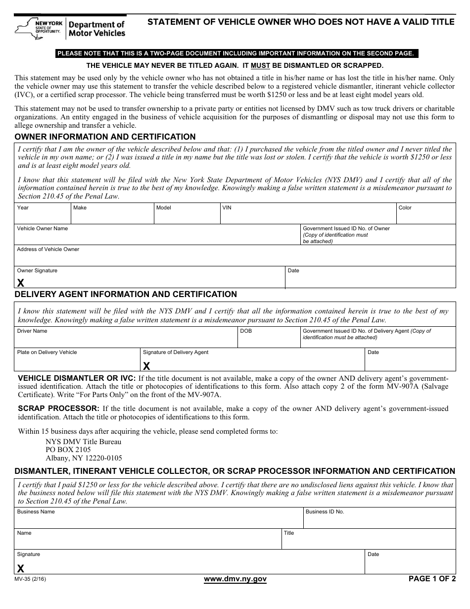 Form MV-35 Statement of Vehicle Owner Who Does Not Have a Valid Title - New York, Page 1