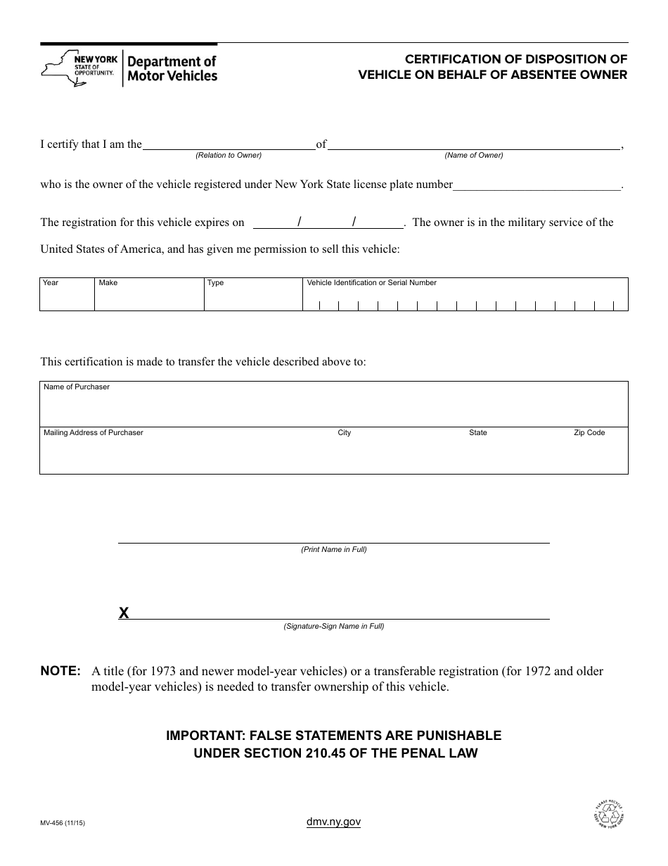Form MV-456 Certification of Disposition of Vehicle on Behalf of Absentee Owner - New York, Page 1