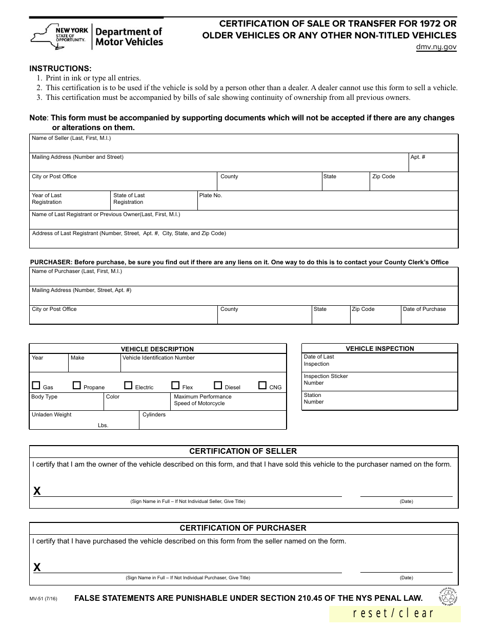 Form MV-51 Certification of Sale or Transfer for 1972 or Older Vehicles or Any Other Non-titled Vehicles - New York, Page 1