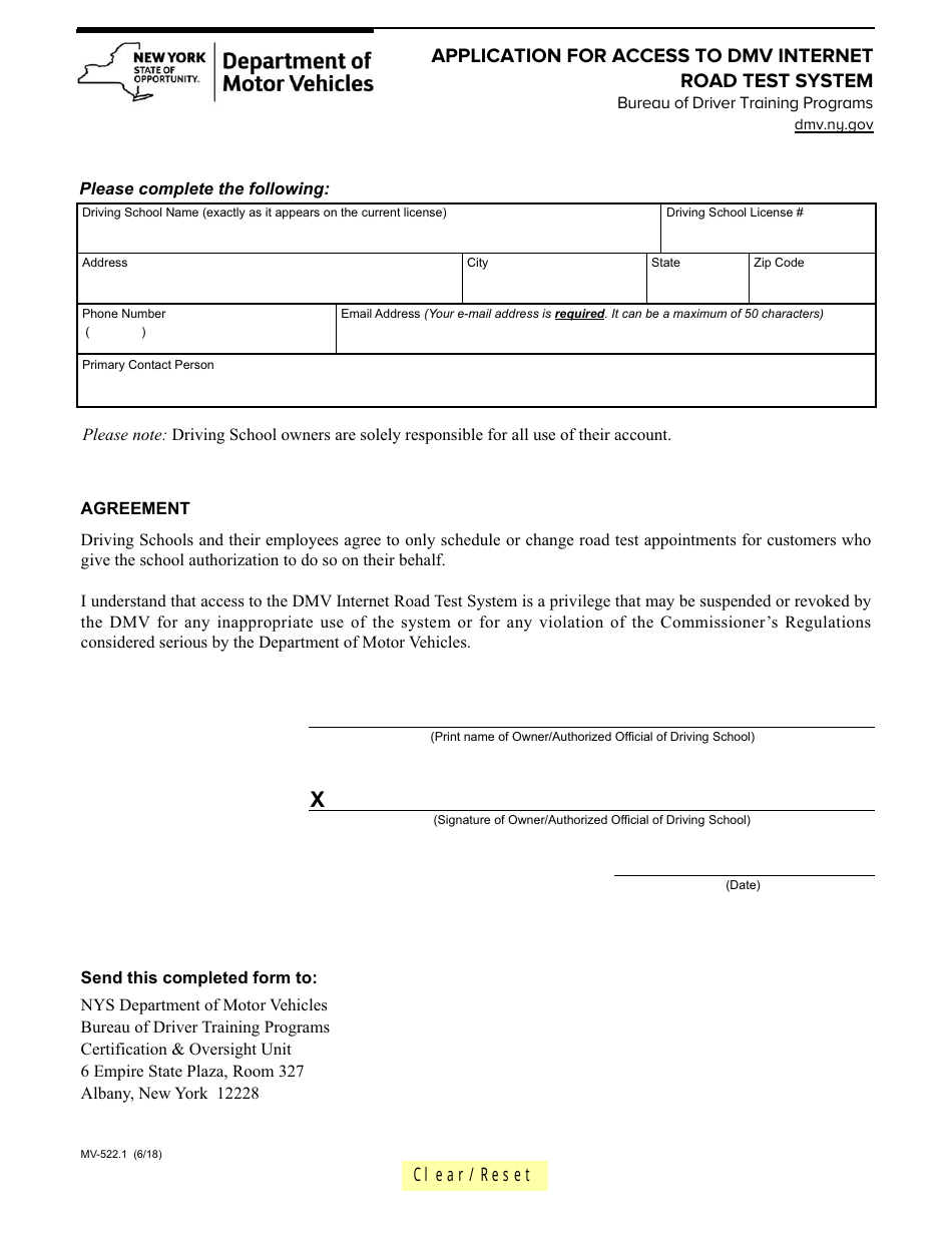 Form MV-522.1 Application for Access to DMV Internet Road Test System - New York, Page 1