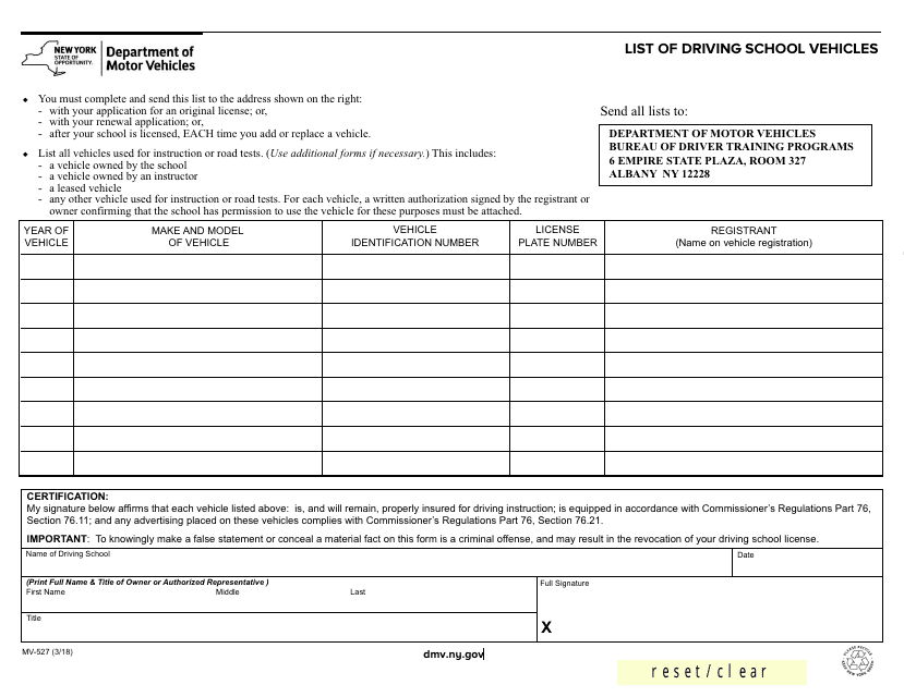 Form MV-527  Printable Pdf