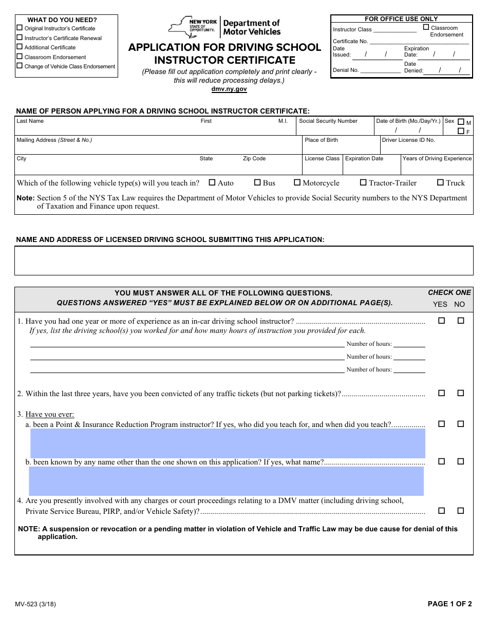 Form MV-523 Application for Driving School Instructor Certificate - New York, Page 1