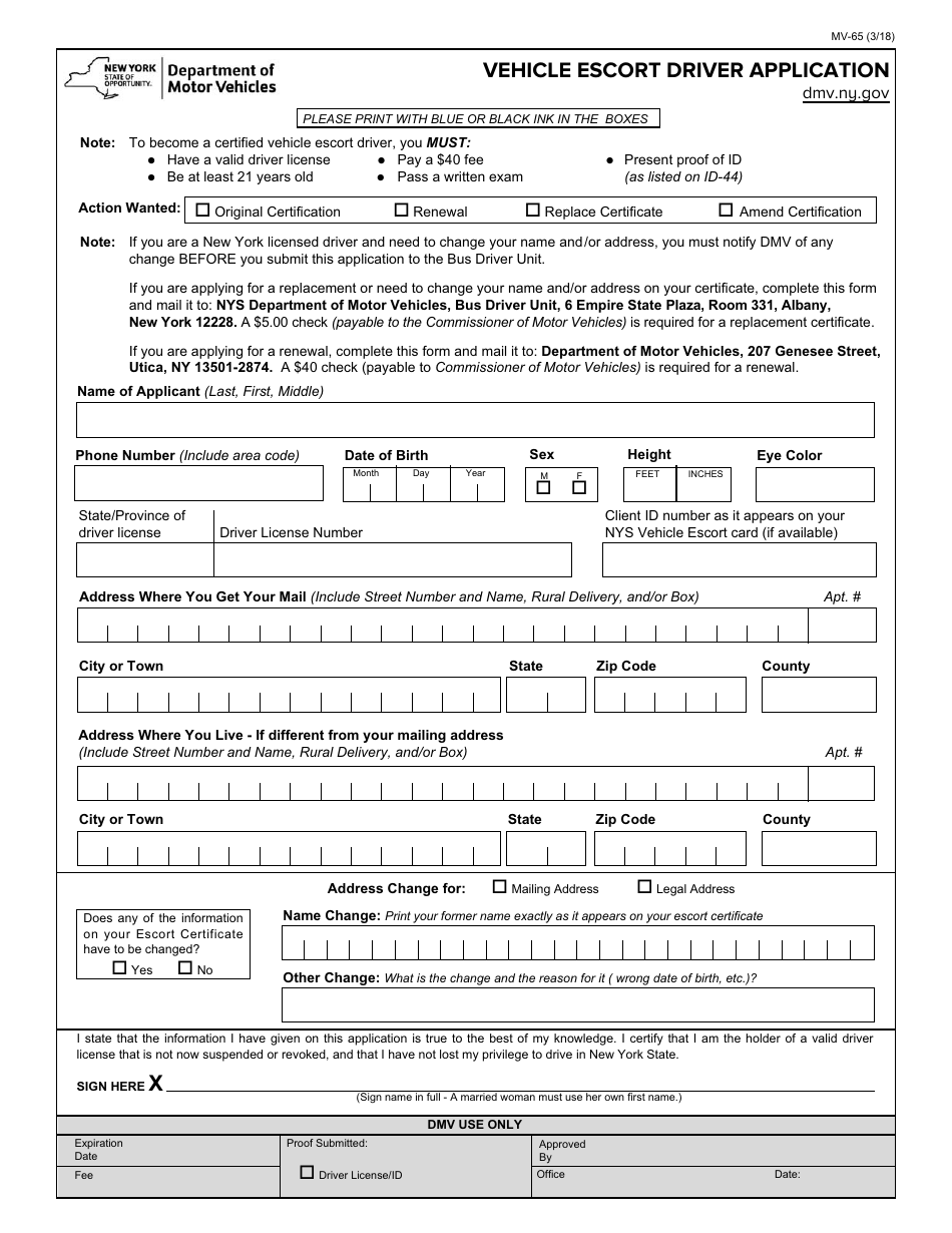 Form MV-65 Vehicle Escort Driver Application - New York, Page 1