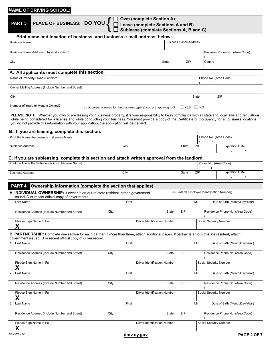Form MV-521 Driving School License Application - New York, Page 2