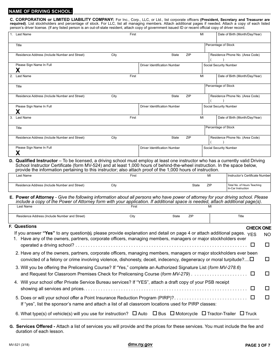 Form MV-521 Driving School License Application - New York, Page 3