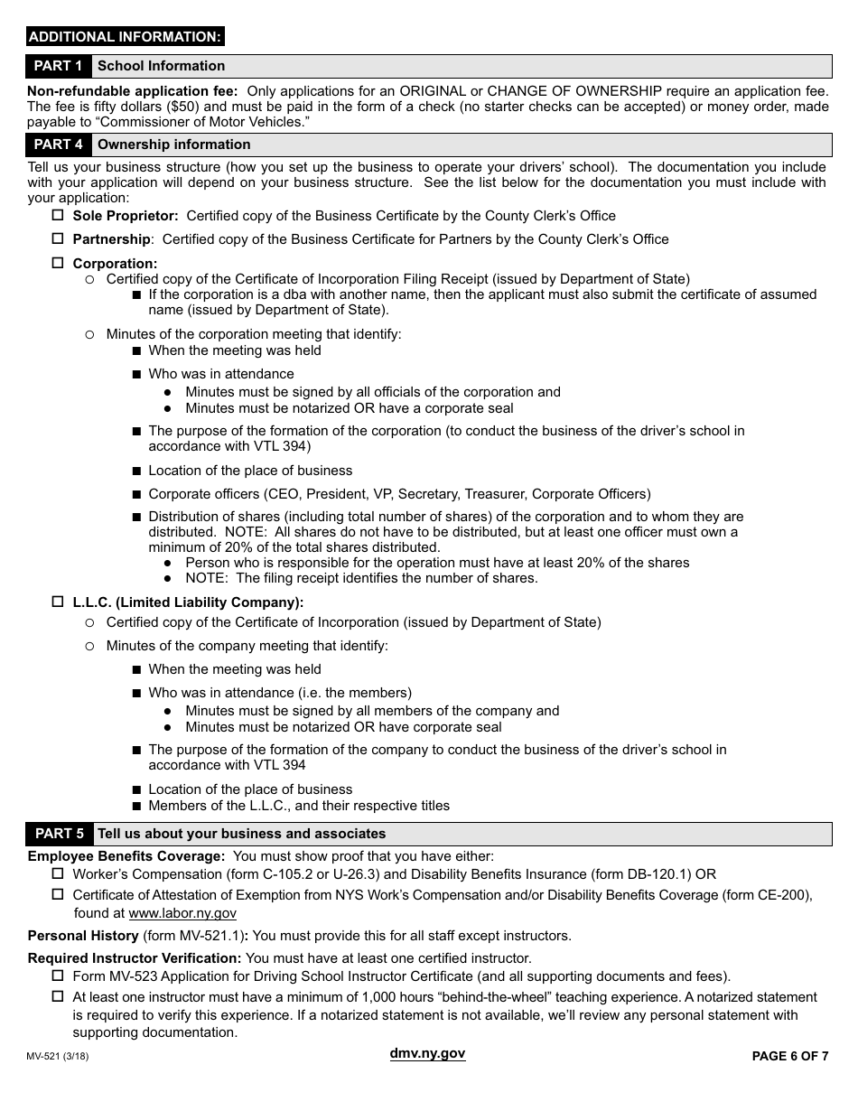 Form MV-521 Driving School License Application - New York, Page 6
