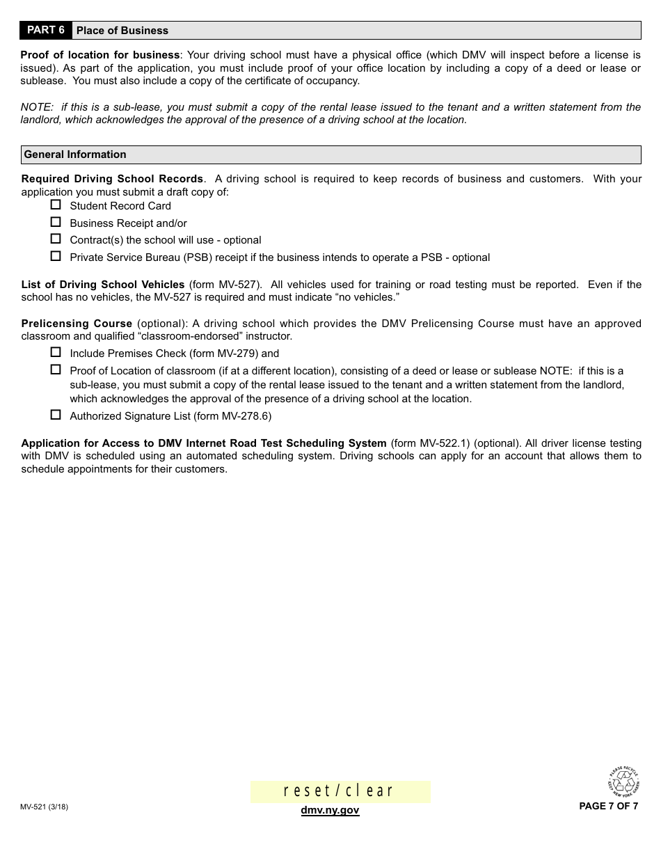 Form MV-521 Driving School License Application - New York, Page 7