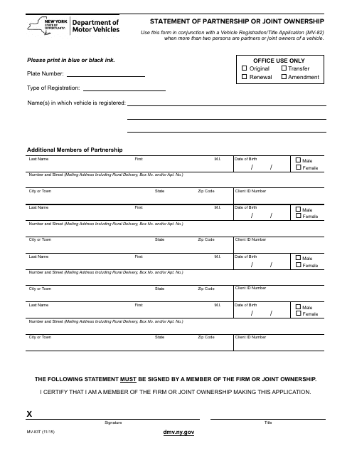 Form MV-83T Statement of Partnership or Joint Ownership - New York