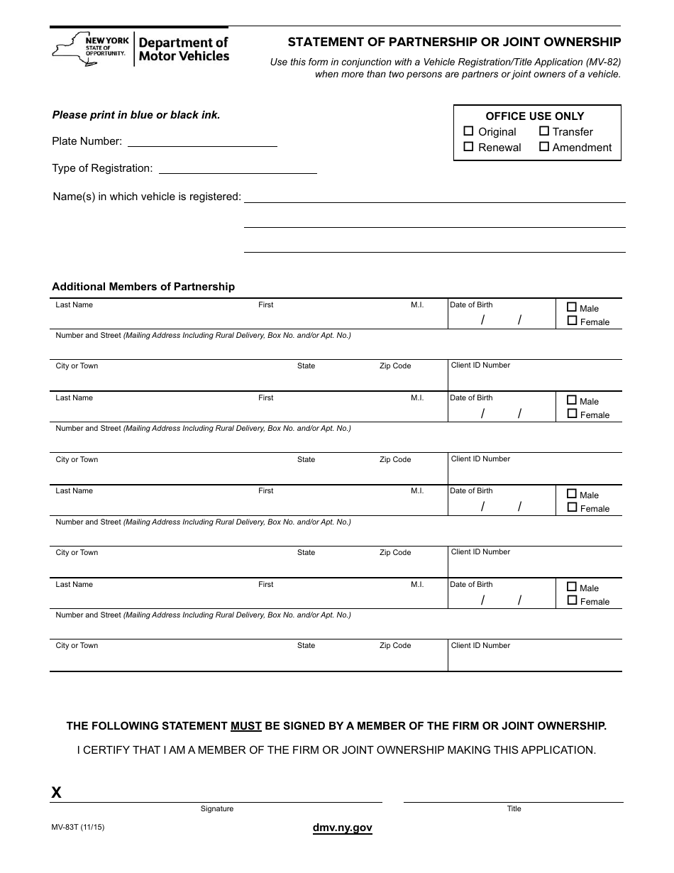 Form MV-83T Statement of Partnership or Joint Ownership - New York, Page 1