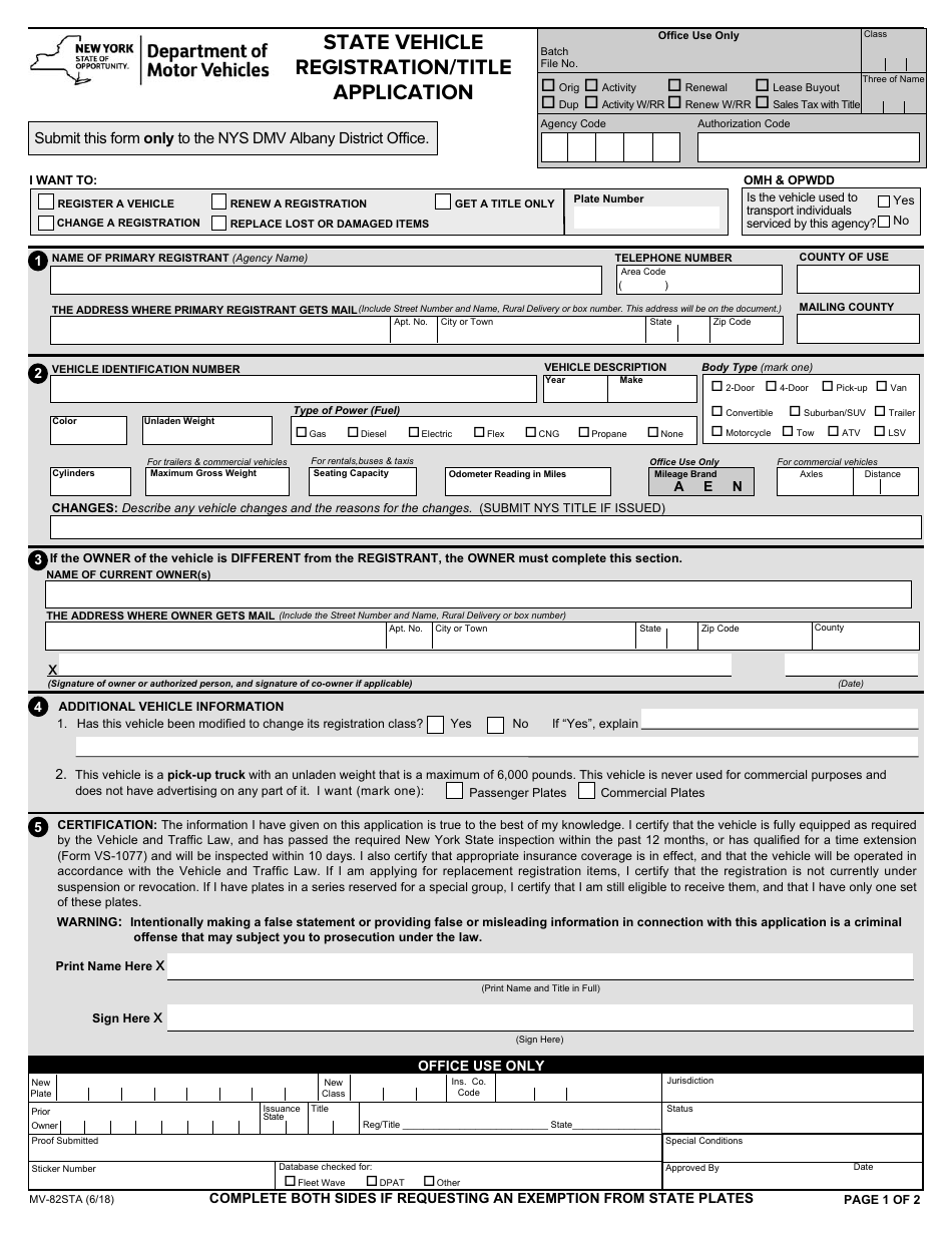 Form MV82STA Fill Out, Sign Online and Download Fillable PDF, New