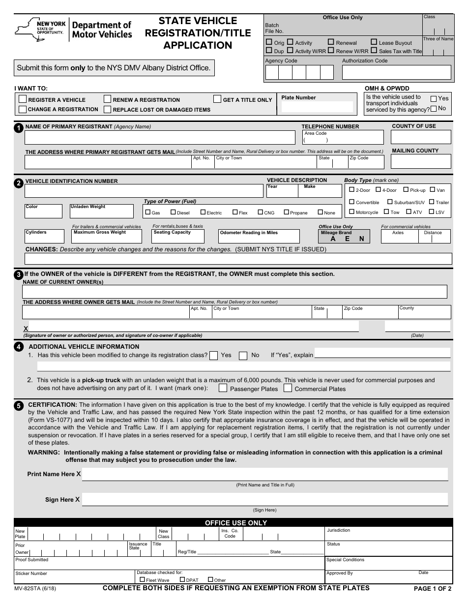Form MV-82STA State Vehicle Registration / Title Application - New York, Page 1