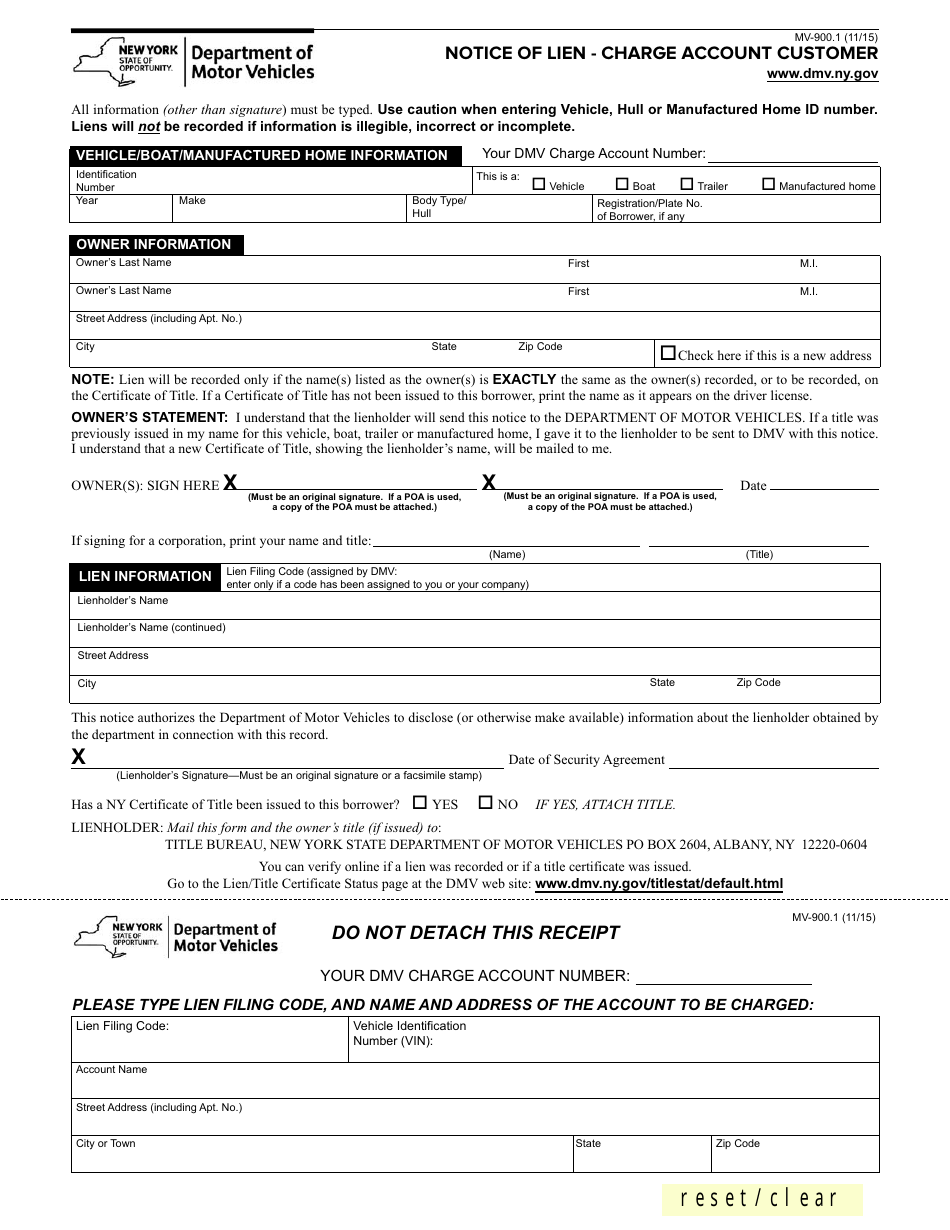 Form MV-900.1 Notice of Lien - Charge Account Customer - New York, Page 1