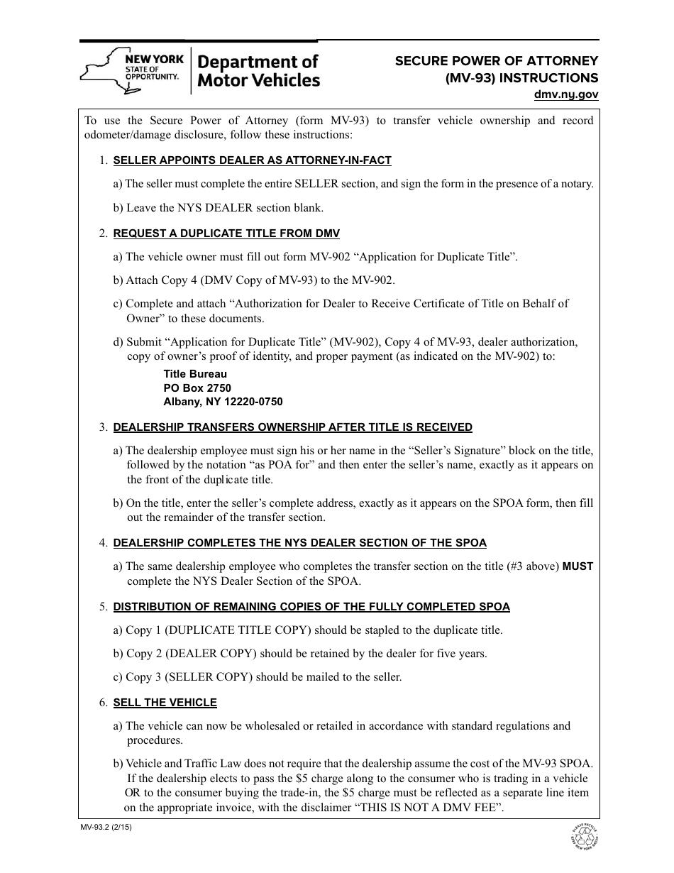 Instructions for Form MV-93.2, MV-93 Secure Power of Attorney - New York, Page 1