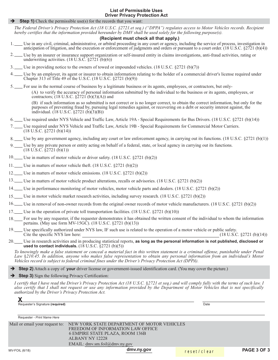 Form MV-FOIL Freedom of Information Law Request Form - New York, Page 3