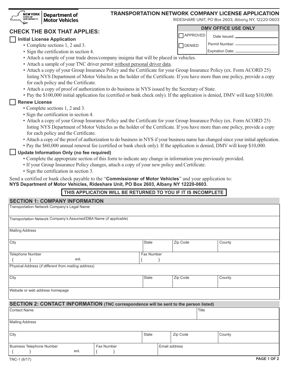 Form TNC-1 Transportation Network Company License Application - New York, Page 1