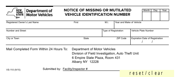 Document preview: Form VS-110 Notice of Missing or Mutilated Vehicle Identification Number - New York