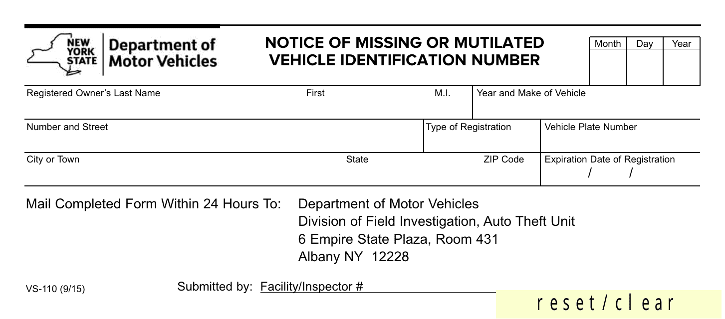 Form VS-110 Notice of Missing or Mutilated Vehicle Identification Number - New York