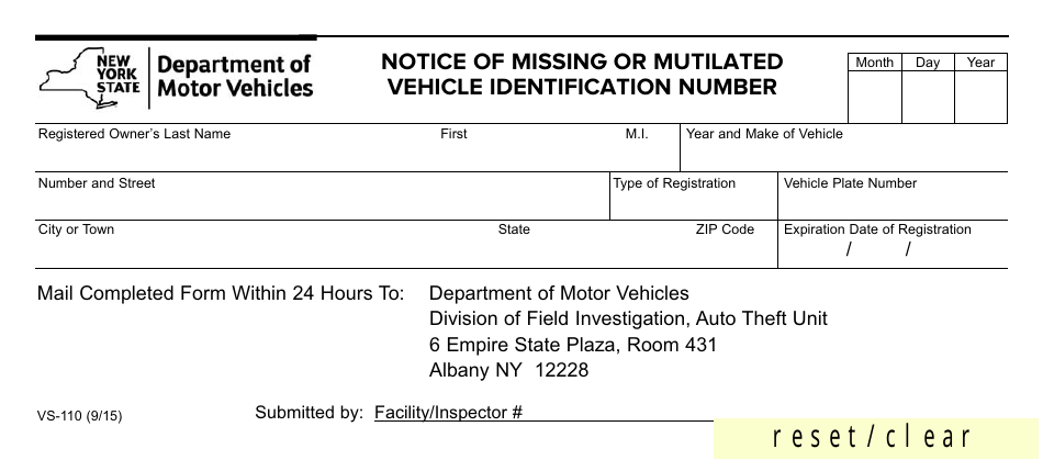 Form VS-110 Notice of Missing or Mutilated Vehicle Identification Number - New York, Page 1