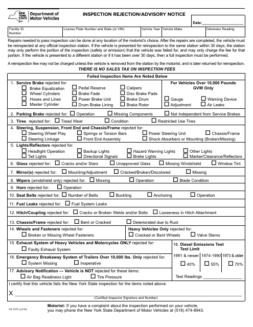Form VS-1075 Inspection Rejection/Advisory Notice - New York