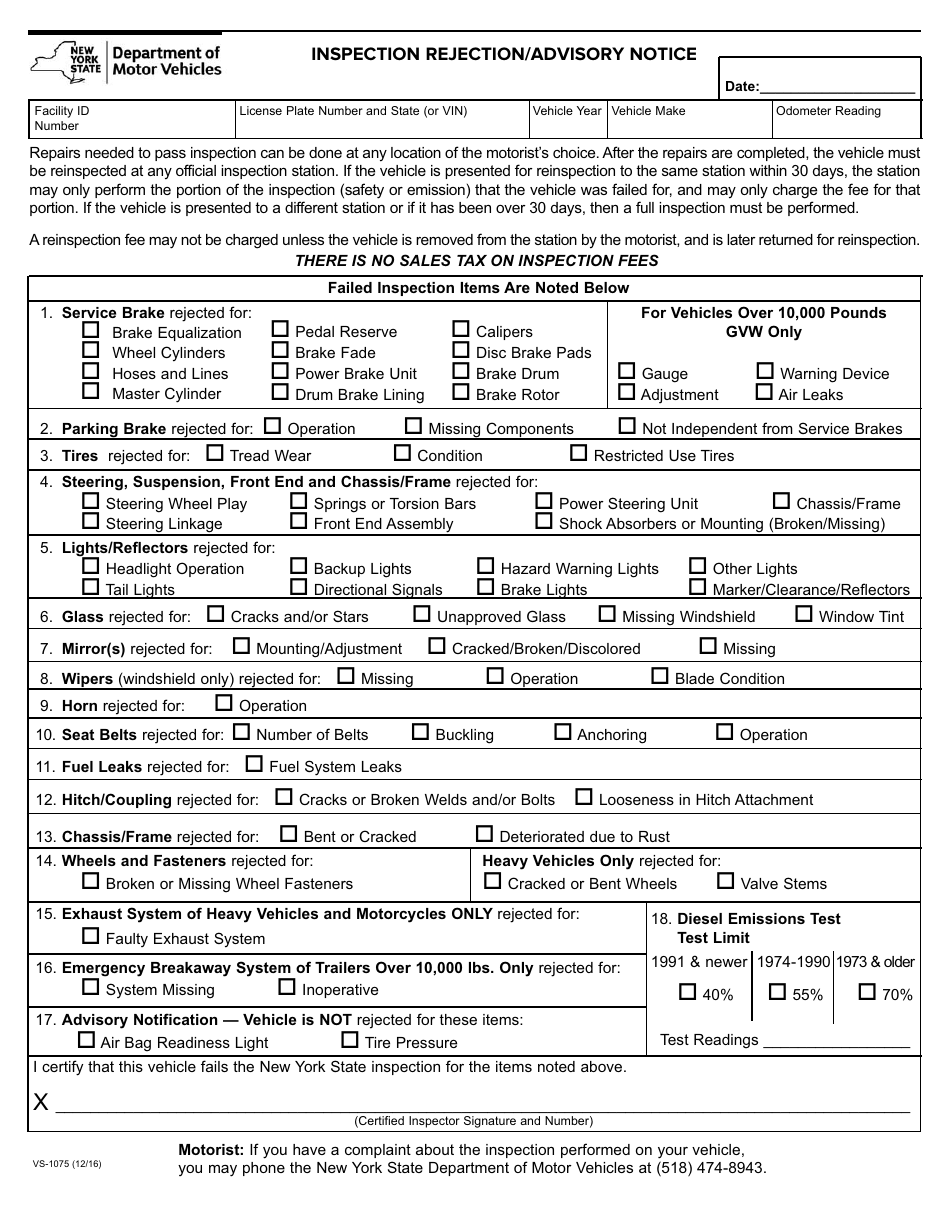 Form VS-1075 Inspection Rejection / Advisory Notice - New York, Page 1