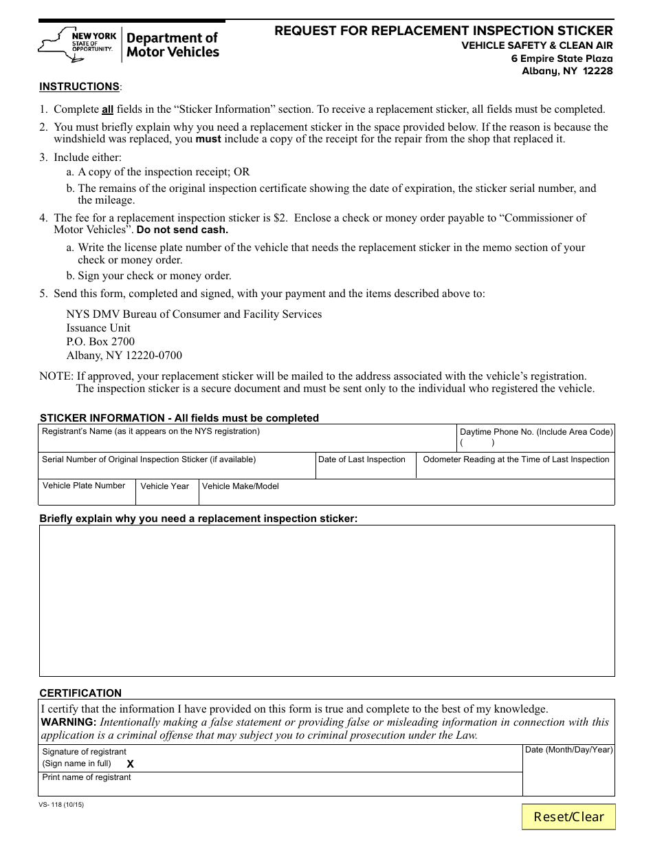 Form Vs 118 Download Fillable Pdf Or Fill Online Request For Replacement Inspection Sticker New York Templateroller Form Vs 118 Download Fillable Pdf Or Fill Online Request For Replacement Inspection Sticker New York Templateroller
