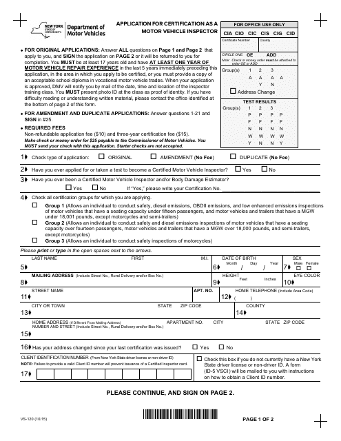 Form VS-120 Application for Certification as a Motor Vehicle Inspector - New York