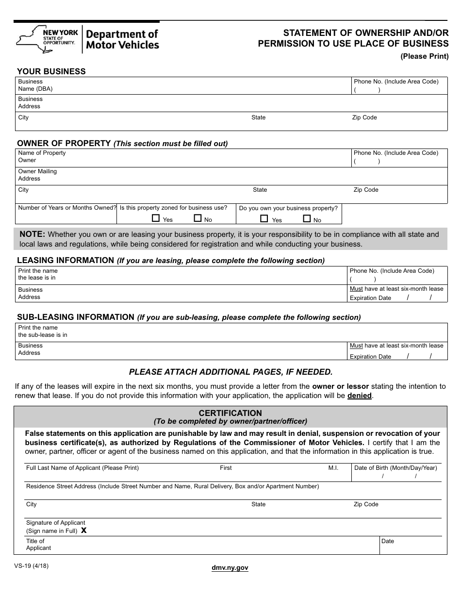 Form VS-19 Statement of Ownership and / or Permission to Use Place of Business - New York, Page 1