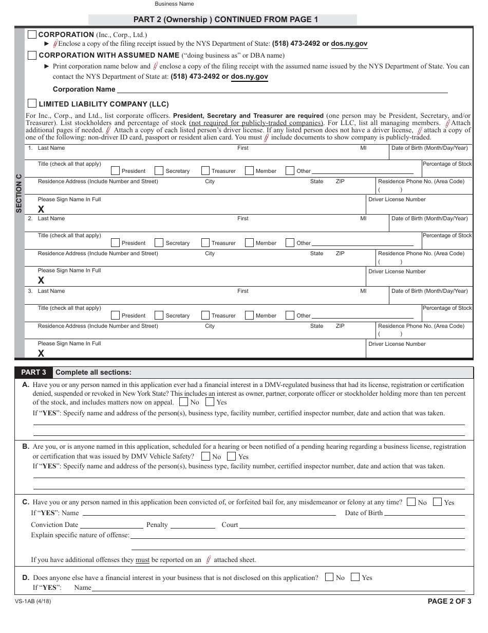 Form VS-1AB Automobile Broker Business Application - New York, Page 2