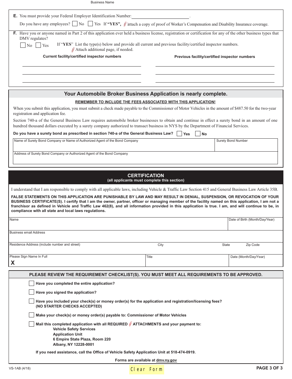 Form VS-1AB Automobile Broker Business Application - New York, Page 3