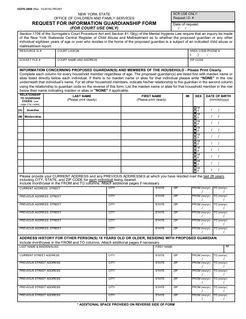 Form OCFS-3909 Request for Information Guardianship Form (For Court Use Only) - New York