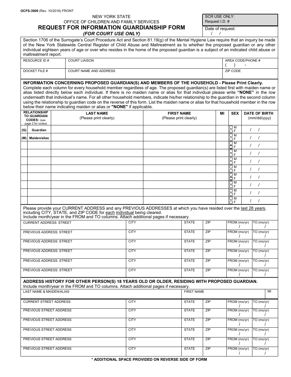 Form OCFS-3909 Request for Information Guardianship Form (For Court Use Only) - New York, Page 1