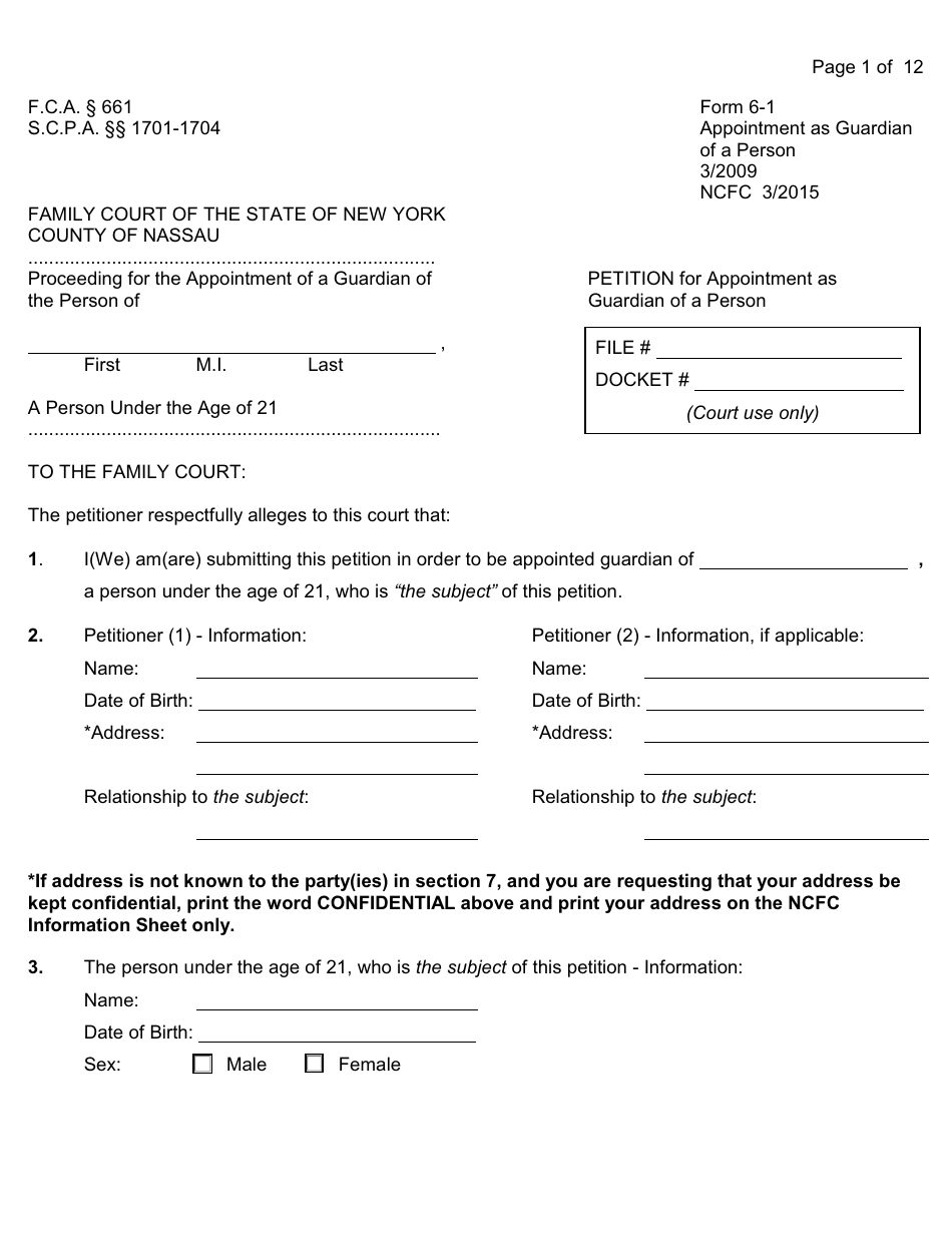 Form 6-1 Appointment as Guardian of a Person - Nassau County, New York, Page 1