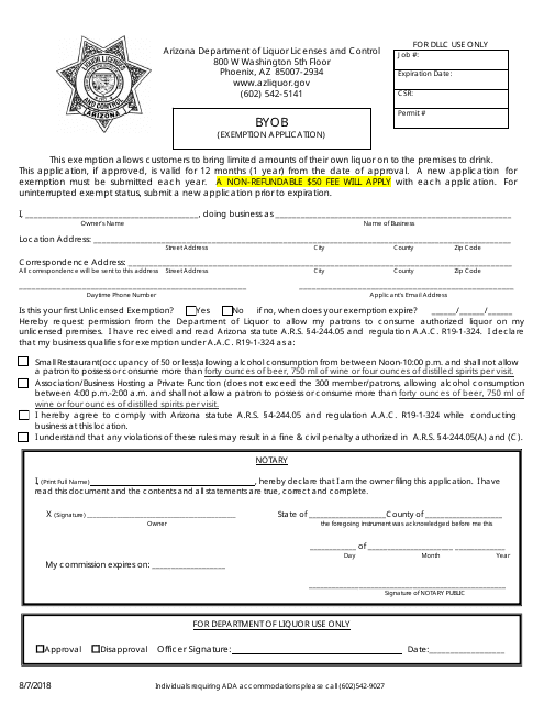 Byob Exemption Application Form - Arizona Download Pdf