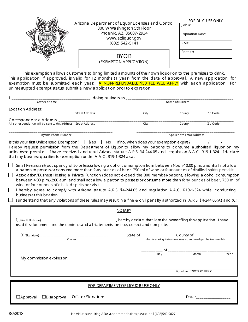 Byob Exemption Application Form - Arizona, Page 1