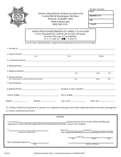 Application for Registration of a Retail Co-op Agent - Arizona Download Pdf
